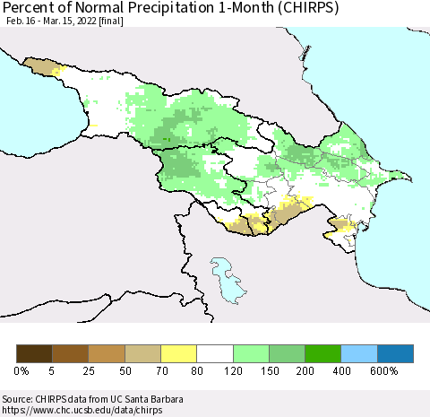 Azerbaijan, Armenia and Georgia Percent of Normal Precipitation 1-Month (CHIRPS) Thematic Map For 2/16/2022 - 3/15/2022