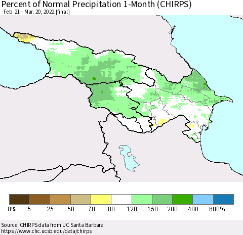 Azerbaijan, Armenia and Georgia Percent of Normal Precipitation 1-Month (CHIRPS) Thematic Map For 2/21/2022 - 3/20/2022