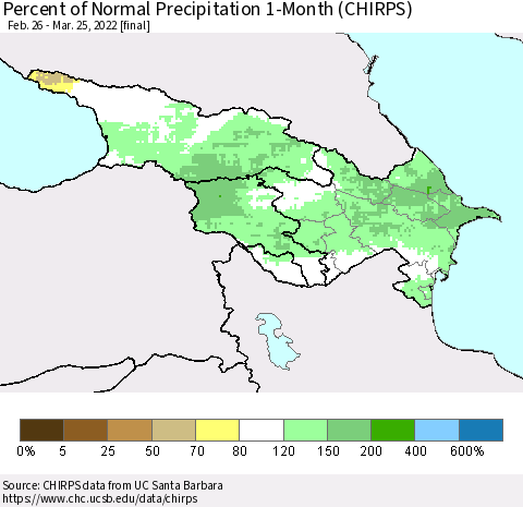 Azerbaijan, Armenia and Georgia Percent of Normal Precipitation 1-Month (CHIRPS) Thematic Map For 2/26/2022 - 3/25/2022