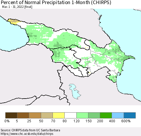 Azerbaijan, Armenia and Georgia Percent of Normal Precipitation 1-Month (CHIRPS) Thematic Map For 3/1/2022 - 3/31/2022