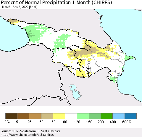 Azerbaijan, Armenia and Georgia Percent of Normal Precipitation 1-Month (CHIRPS) Thematic Map For 3/6/2022 - 4/5/2022