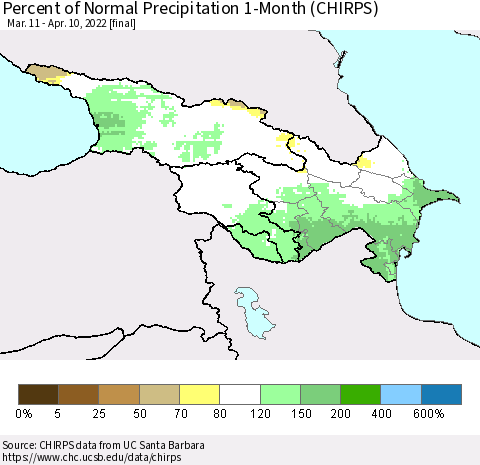 Azerbaijan, Armenia and Georgia Percent of Normal Precipitation 1-Month (CHIRPS) Thematic Map For 3/11/2022 - 4/10/2022
