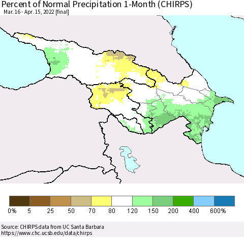 Azerbaijan, Armenia and Georgia Percent of Normal Precipitation 1-Month (CHIRPS) Thematic Map For 3/16/2022 - 4/15/2022