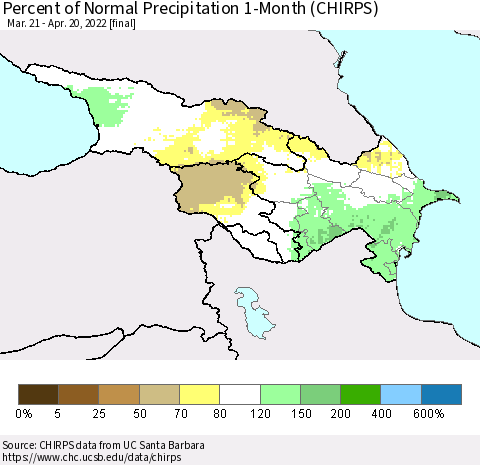 Azerbaijan, Armenia and Georgia Percent of Normal Precipitation 1-Month (CHIRPS) Thematic Map For 3/21/2022 - 4/20/2022