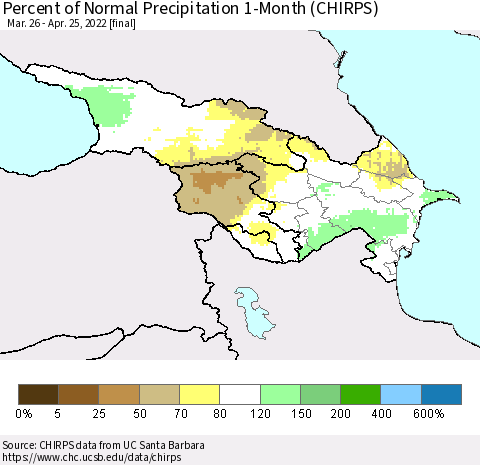 Azerbaijan, Armenia and Georgia Percent of Normal Precipitation 1-Month (CHIRPS) Thematic Map For 3/26/2022 - 4/25/2022