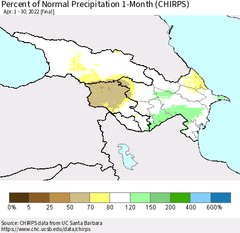 Azerbaijan, Armenia and Georgia Percent of Normal Precipitation 1-Month (CHIRPS) Thematic Map For 4/1/2022 - 4/30/2022