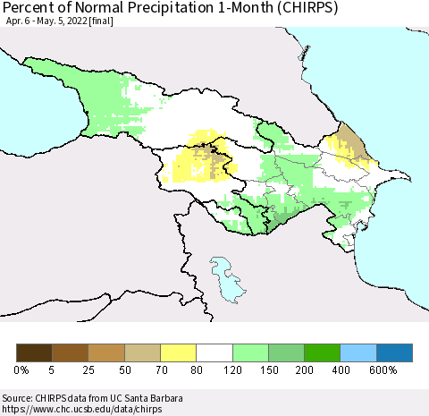 Azerbaijan, Armenia and Georgia Percent of Normal Precipitation 1-Month (CHIRPS) Thematic Map For 4/6/2022 - 5/5/2022