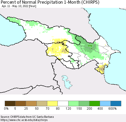 Azerbaijan, Armenia and Georgia Percent of Normal Precipitation 1-Month (CHIRPS) Thematic Map For 4/11/2022 - 5/10/2022