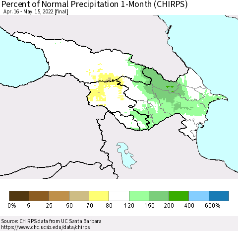 Azerbaijan, Armenia and Georgia Percent of Normal Precipitation 1-Month (CHIRPS) Thematic Map For 4/16/2022 - 5/15/2022