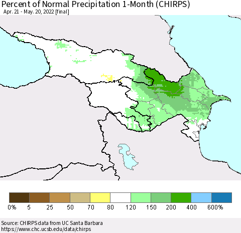 Azerbaijan, Armenia and Georgia Percent of Normal Precipitation 1-Month (CHIRPS) Thematic Map For 4/21/2022 - 5/20/2022