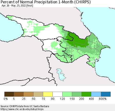 Azerbaijan, Armenia and Georgia Percent of Normal Precipitation 1-Month (CHIRPS) Thematic Map For 4/26/2022 - 5/25/2022