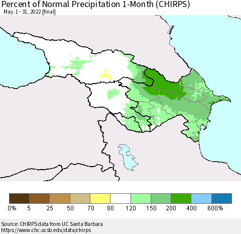 Azerbaijan, Armenia and Georgia Percent of Normal Precipitation 1-Month (CHIRPS) Thematic Map For 5/1/2022 - 5/31/2022