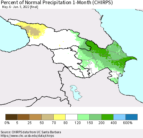 Azerbaijan, Armenia and Georgia Percent of Normal Precipitation 1-Month (CHIRPS) Thematic Map For 5/6/2022 - 6/5/2022