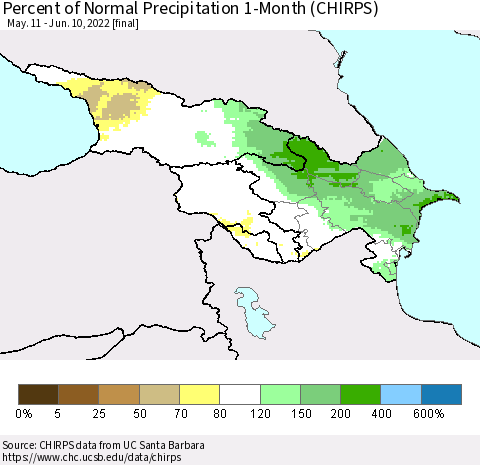 Azerbaijan, Armenia and Georgia Percent of Normal Precipitation 1-Month (CHIRPS) Thematic Map For 5/11/2022 - 6/10/2022