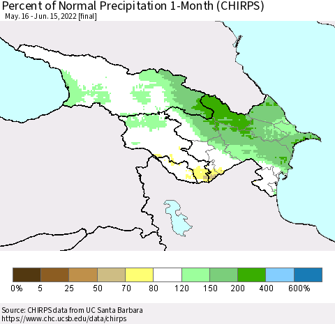 Azerbaijan, Armenia and Georgia Percent of Normal Precipitation 1-Month (CHIRPS) Thematic Map For 5/16/2022 - 6/15/2022