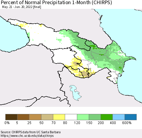 Azerbaijan, Armenia and Georgia Percent of Normal Precipitation 1-Month (CHIRPS) Thematic Map For 5/21/2022 - 6/20/2022
