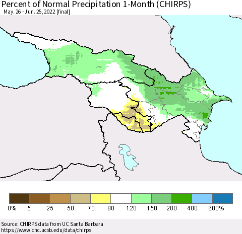 Azerbaijan, Armenia and Georgia Percent of Normal Precipitation 1-Month (CHIRPS) Thematic Map For 5/26/2022 - 6/25/2022