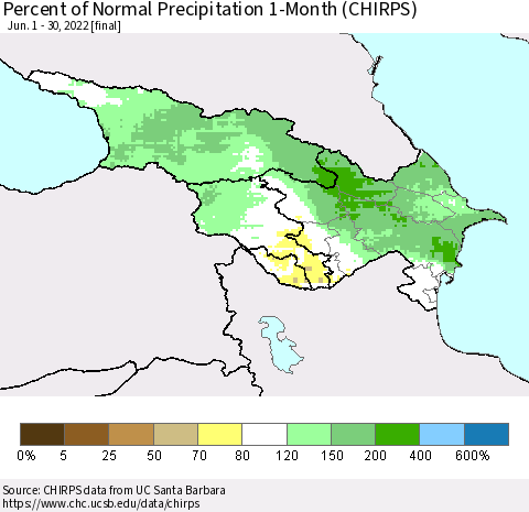 Azerbaijan, Armenia and Georgia Percent of Normal Precipitation 1-Month (CHIRPS) Thematic Map For 6/1/2022 - 6/30/2022