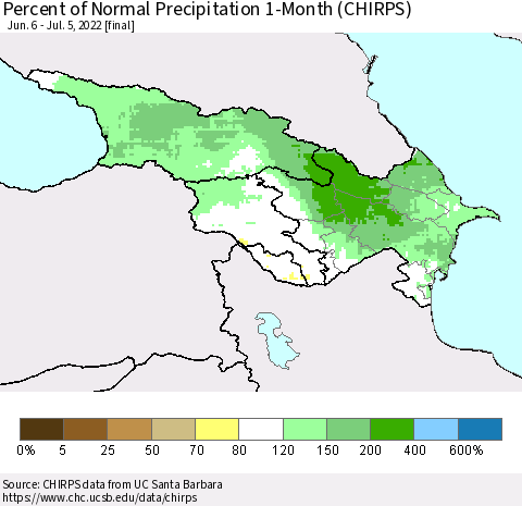 Azerbaijan, Armenia and Georgia Percent of Normal Precipitation 1-Month (CHIRPS) Thematic Map For 6/6/2022 - 7/5/2022