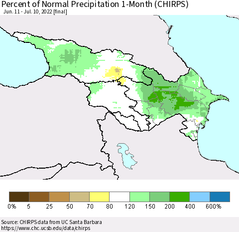 Azerbaijan, Armenia and Georgia Percent of Normal Precipitation 1-Month (CHIRPS) Thematic Map For 6/11/2022 - 7/10/2022