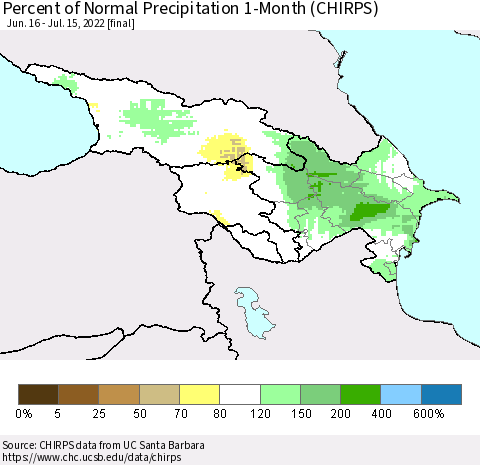 Azerbaijan, Armenia and Georgia Percent of Normal Precipitation 1-Month (CHIRPS) Thematic Map For 6/16/2022 - 7/15/2022