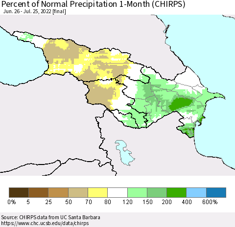 Azerbaijan, Armenia and Georgia Percent of Normal Precipitation 1-Month (CHIRPS) Thematic Map For 6/26/2022 - 7/25/2022