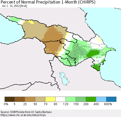 Azerbaijan, Armenia and Georgia Percent of Normal Precipitation 1-Month (CHIRPS) Thematic Map For 7/1/2022 - 7/31/2022
