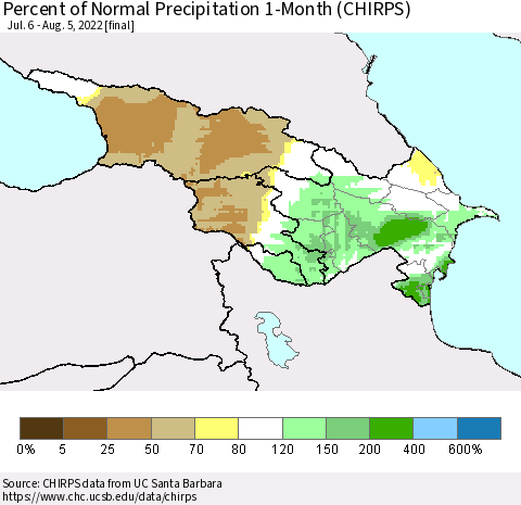 Azerbaijan, Armenia and Georgia Percent of Normal Precipitation 1-Month (CHIRPS) Thematic Map For 7/6/2022 - 8/5/2022