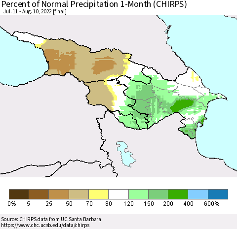 Azerbaijan, Armenia and Georgia Percent of Normal Precipitation 1-Month (CHIRPS) Thematic Map For 7/11/2022 - 8/10/2022