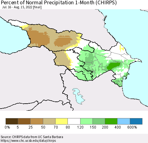Azerbaijan, Armenia and Georgia Percent of Normal Precipitation 1-Month (CHIRPS) Thematic Map For 7/16/2022 - 8/15/2022
