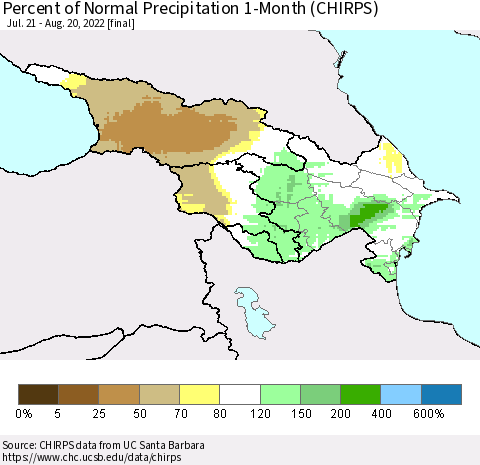 Azerbaijan, Armenia and Georgia Percent of Normal Precipitation 1-Month (CHIRPS) Thematic Map For 7/21/2022 - 8/20/2022