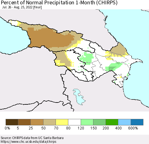 Azerbaijan, Armenia and Georgia Percent of Normal Precipitation 1-Month (CHIRPS) Thematic Map For 7/26/2022 - 8/25/2022