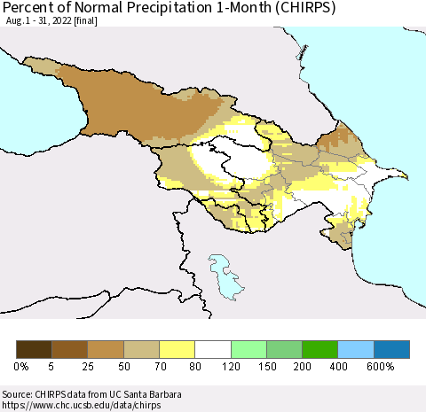 Azerbaijan, Armenia and Georgia Percent of Normal Precipitation 1-Month (CHIRPS) Thematic Map For 8/1/2022 - 8/31/2022