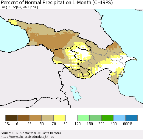 Azerbaijan, Armenia and Georgia Percent of Normal Precipitation 1-Month (CHIRPS) Thematic Map For 8/6/2022 - 9/5/2022