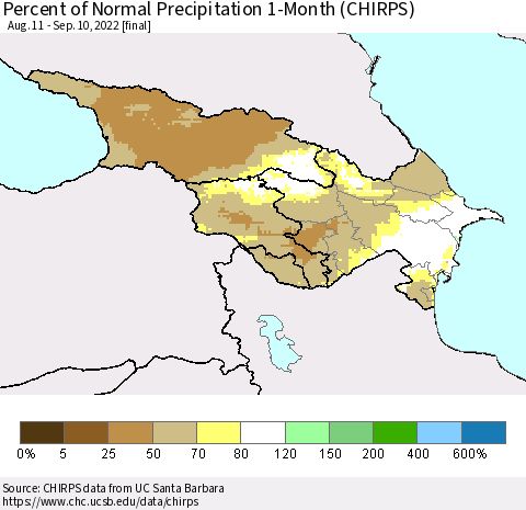Azerbaijan, Armenia and Georgia Percent of Normal Precipitation 1-Month (CHIRPS) Thematic Map For 8/11/2022 - 9/10/2022
