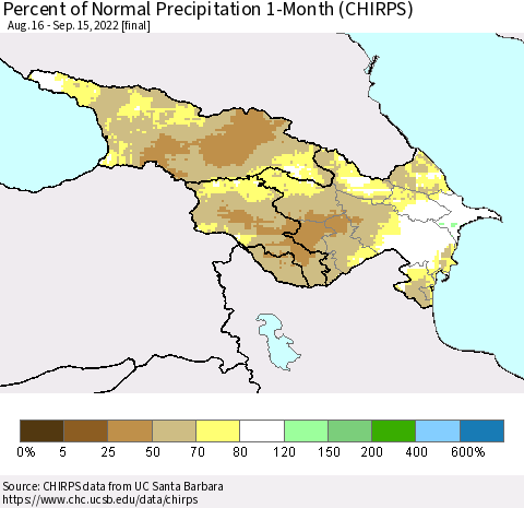 Azerbaijan, Armenia and Georgia Percent of Normal Precipitation 1-Month (CHIRPS) Thematic Map For 8/16/2022 - 9/15/2022