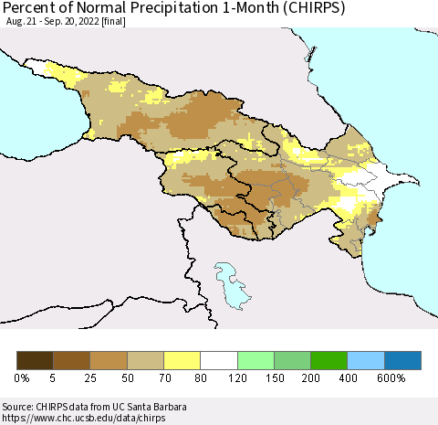 Azerbaijan, Armenia and Georgia Percent of Normal Precipitation 1-Month (CHIRPS) Thematic Map For 8/21/2022 - 9/20/2022