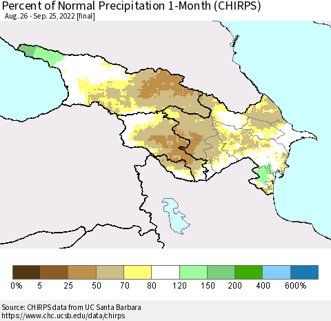 Azerbaijan, Armenia and Georgia Percent of Normal Precipitation 1-Month (CHIRPS) Thematic Map For 8/26/2022 - 9/25/2022