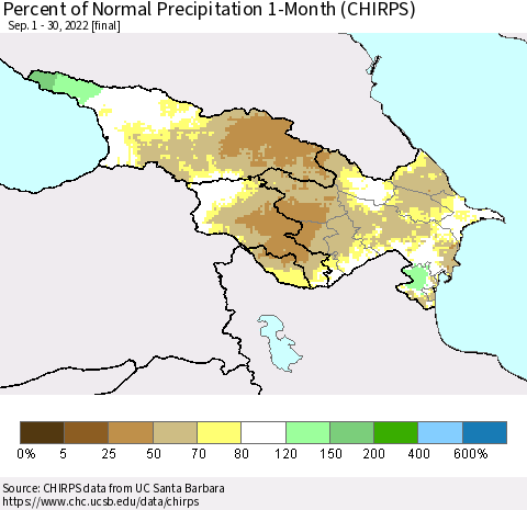 Azerbaijan, Armenia and Georgia Percent of Normal Precipitation 1-Month (CHIRPS) Thematic Map For 9/1/2022 - 9/30/2022