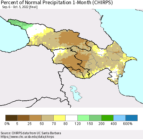 Azerbaijan, Armenia and Georgia Percent of Normal Precipitation 1-Month (CHIRPS) Thematic Map For 9/6/2022 - 10/5/2022