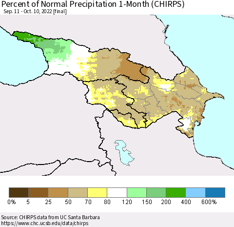 Azerbaijan, Armenia and Georgia Percent of Normal Precipitation 1-Month (CHIRPS) Thematic Map For 9/11/2022 - 10/10/2022
