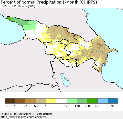 Azerbaijan, Armenia and Georgia Percent of Normal Precipitation 1-Month (CHIRPS) Thematic Map For 9/16/2022 - 10/15/2022