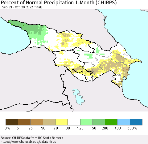 Azerbaijan, Armenia and Georgia Percent of Normal Precipitation 1-Month (CHIRPS) Thematic Map For 9/21/2022 - 10/20/2022