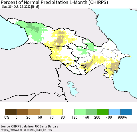 Azerbaijan, Armenia and Georgia Percent of Normal Precipitation 1-Month (CHIRPS) Thematic Map For 9/26/2022 - 10/25/2022