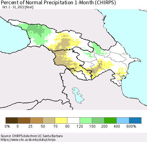 Azerbaijan, Armenia and Georgia Percent of Normal Precipitation 1-Month (CHIRPS) Thematic Map For 10/1/2022 - 10/31/2022