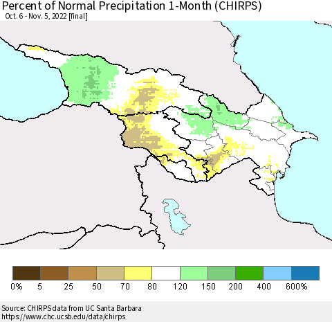 Azerbaijan, Armenia and Georgia Percent of Normal Precipitation 1-Month (CHIRPS) Thematic Map For 10/6/2022 - 11/5/2022