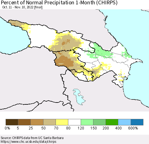 Azerbaijan, Armenia and Georgia Percent of Normal Precipitation 1-Month (CHIRPS) Thematic Map For 10/11/2022 - 11/10/2022