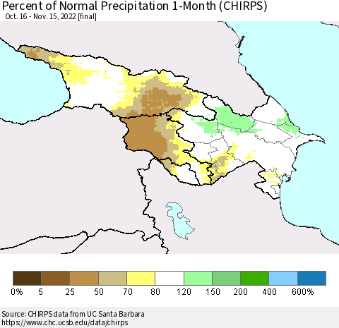 Azerbaijan, Armenia and Georgia Percent of Normal Precipitation 1-Month (CHIRPS) Thematic Map For 10/16/2022 - 11/15/2022