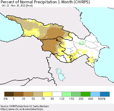 Azerbaijan, Armenia and Georgia Percent of Normal Precipitation 1-Month (CHIRPS) Thematic Map For 10/21/2022 - 11/20/2022