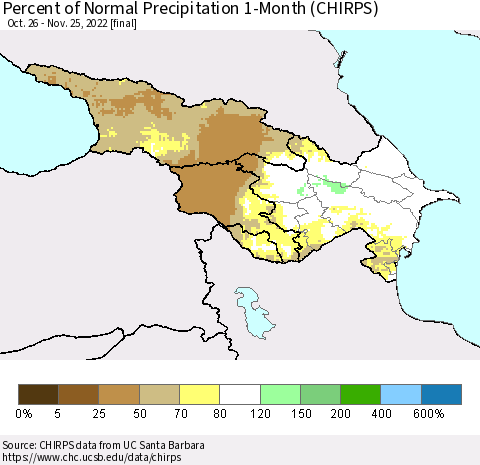 Azerbaijan, Armenia and Georgia Percent of Normal Precipitation 1-Month (CHIRPS) Thematic Map For 10/26/2022 - 11/25/2022